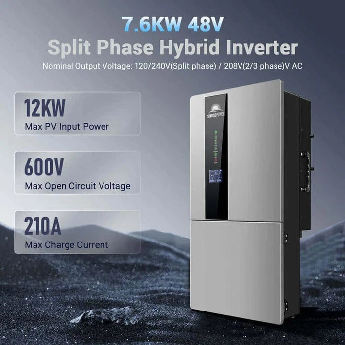 SunGold Power Hybrid Solar Kit 7.6KW 48V Split Phase 15.36KWH Lithium Battery 12 X 500 Watt Solar Panel SGH-7.6N3E