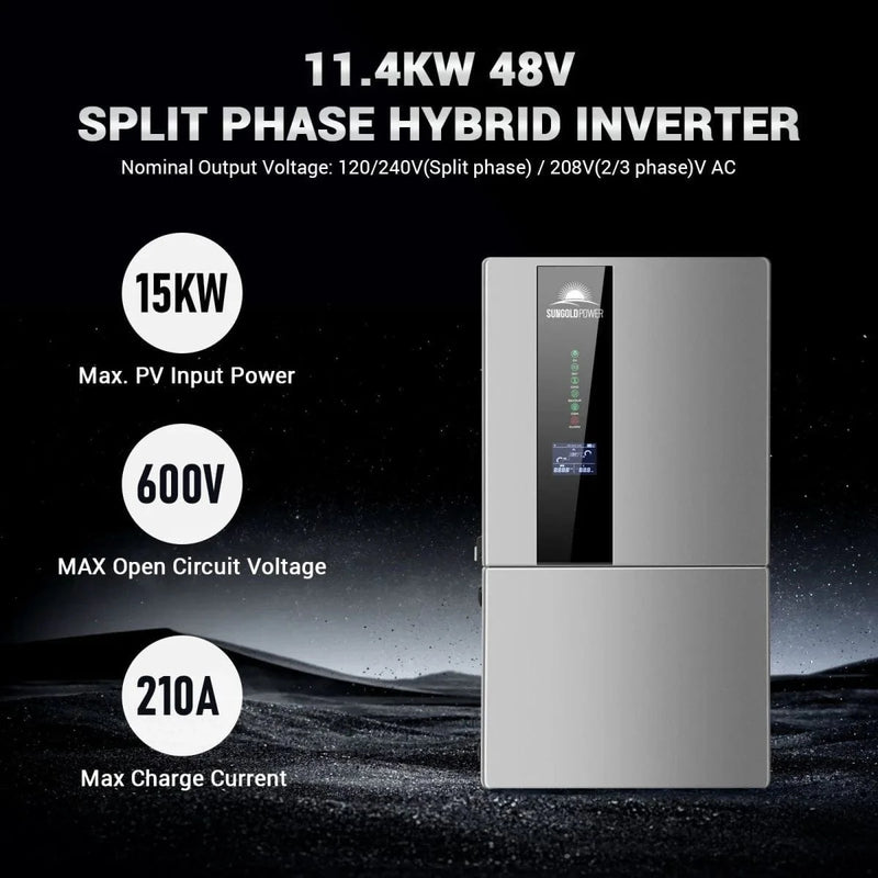 SunGold Power Hybrid Solar Kit 11.4KW 48V Split Phase 20.48KWH Lithium Battery 16 X 440 Watt Solar Panel SGH-11N2E