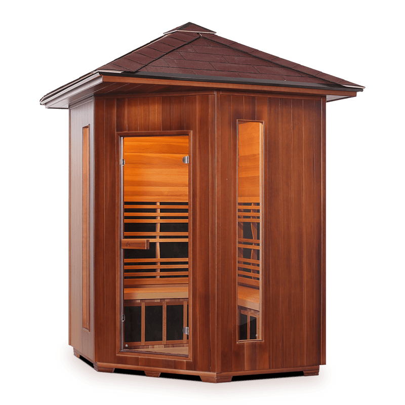 Enlighten InfraNature Original Rustic 4 Corner Peak Roof Full Spectrum Infrared Outdoor Sauna | 4 Persons