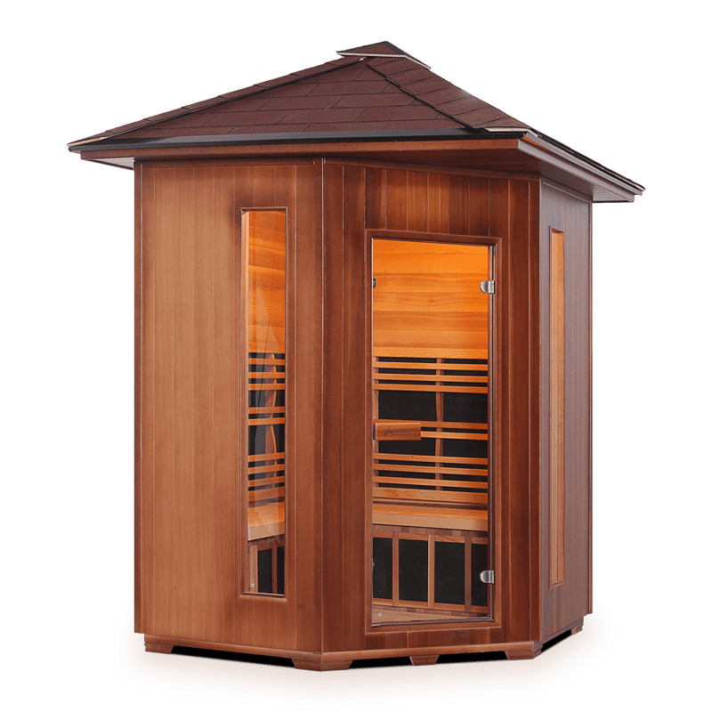 Enlighten InfraNature Original Rustic 4 Corner Peak Roof Full Spectrum Infrared Outdoor Sauna | 4 Persons