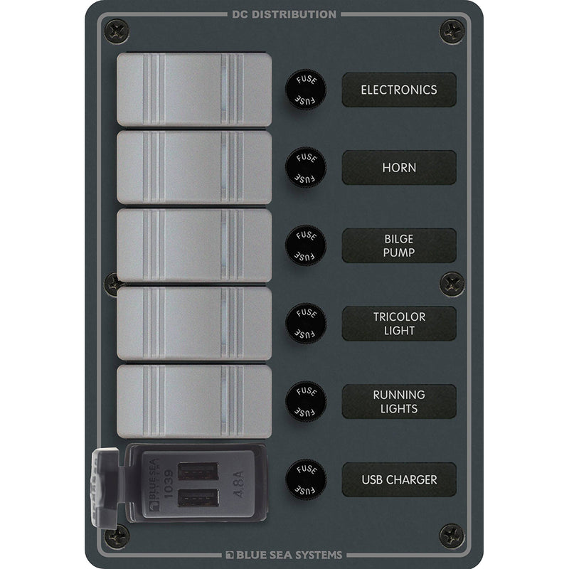 Blue Sea 8121  5 Position Contura Switch Panel wDual USB Chargers  1224V DC  Black 8121
