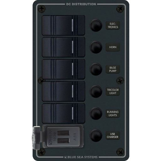 Blue Sea 8521  5 Position Contura Switch Panel wDual USB Chargers  1224V DC  Black 8521