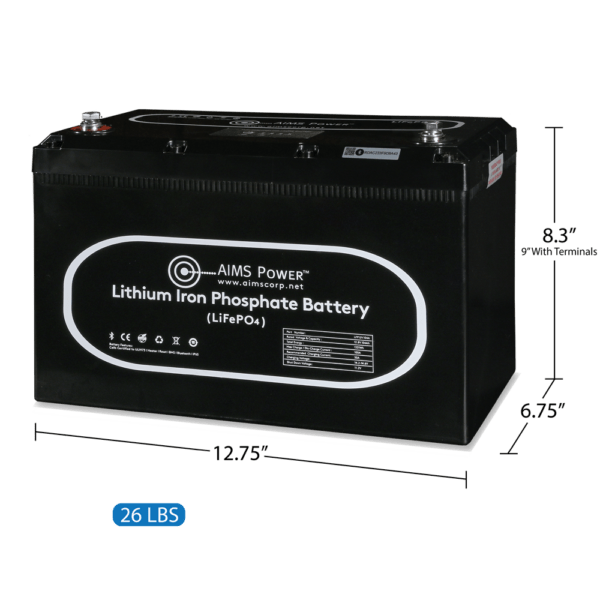 AIMS Power Lithium Battery with Wake Up, Heater & BT Monitoring 12V 104Ah LiFePO4