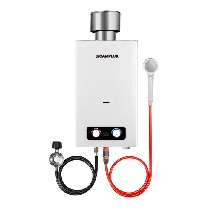 Camplux Tankless Water Heater, Camplux 2.64 GPM Outdoor Propane Gas Water Heater with 4.33" Rain Cap, Camping Shower, White