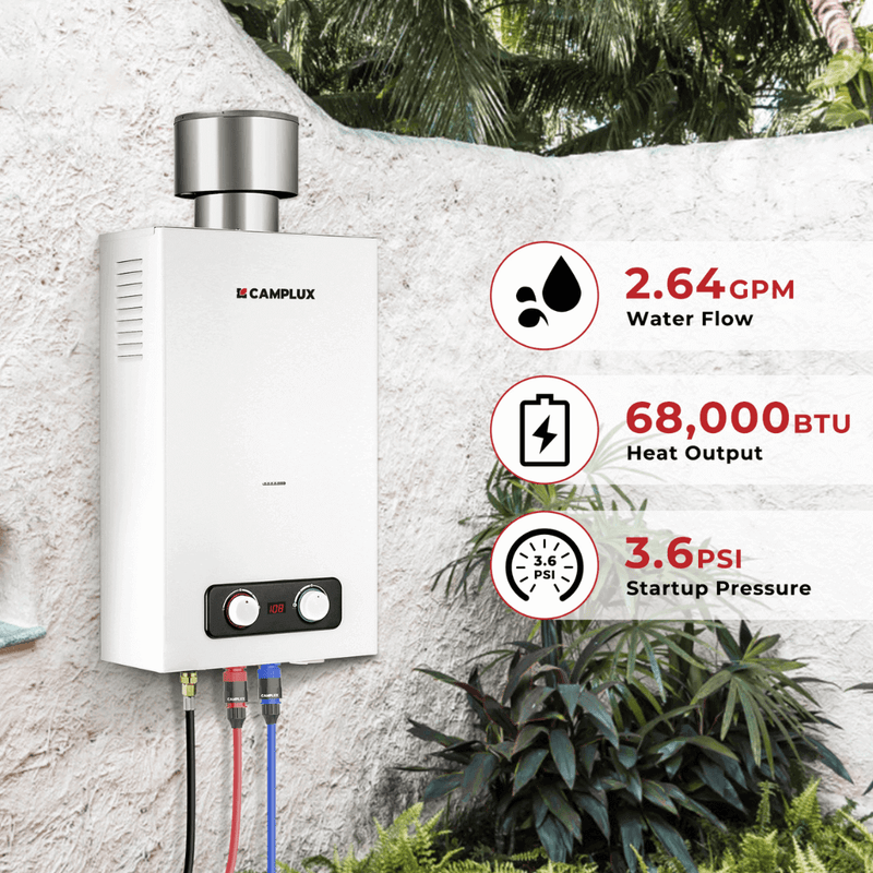Camplux Tankless Water Heater, Camplux 2.64 GPM Outdoor Propane Gas Water Heater with 4.33" Rain Cap, Camping Shower, White