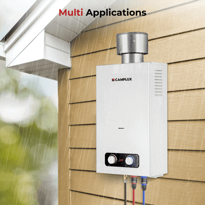 Camplux Tankless Water Heater, Camplux 2.64 GPM Outdoor Propane Gas Water Heater with 4.33" Rain Cap, Camping Shower, White