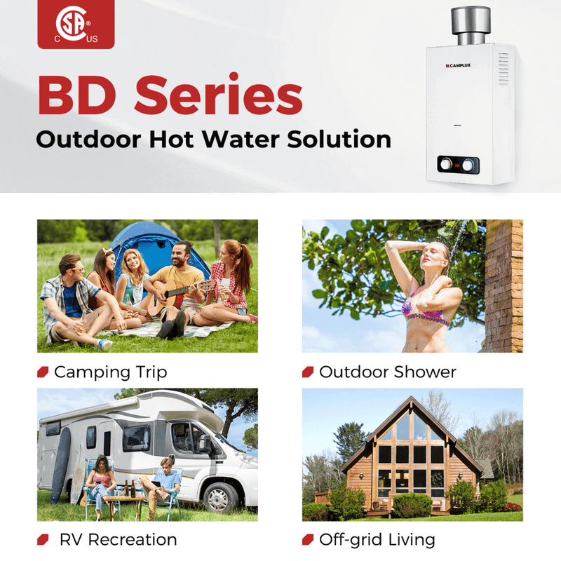 Camplux Tankless Water Heater, Camplux 2.64 GPM Outdoor Propane Gas Water Heater with 4.33" Rain Cap, Camping Shower, White
