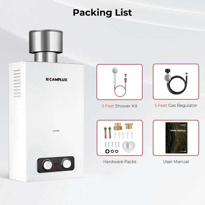 Camplux Tankless Water Heater, Camplux 2.64 GPM Outdoor Propane Gas Water Heater with 4.33" Rain Cap, Camping Shower, White
