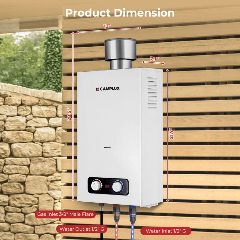 Camplux Tankless Water Heater, Camplux 2.64 GPM Outdoor Propane Gas Water Heater with 4.33" Rain Cap, Camping Shower, White
