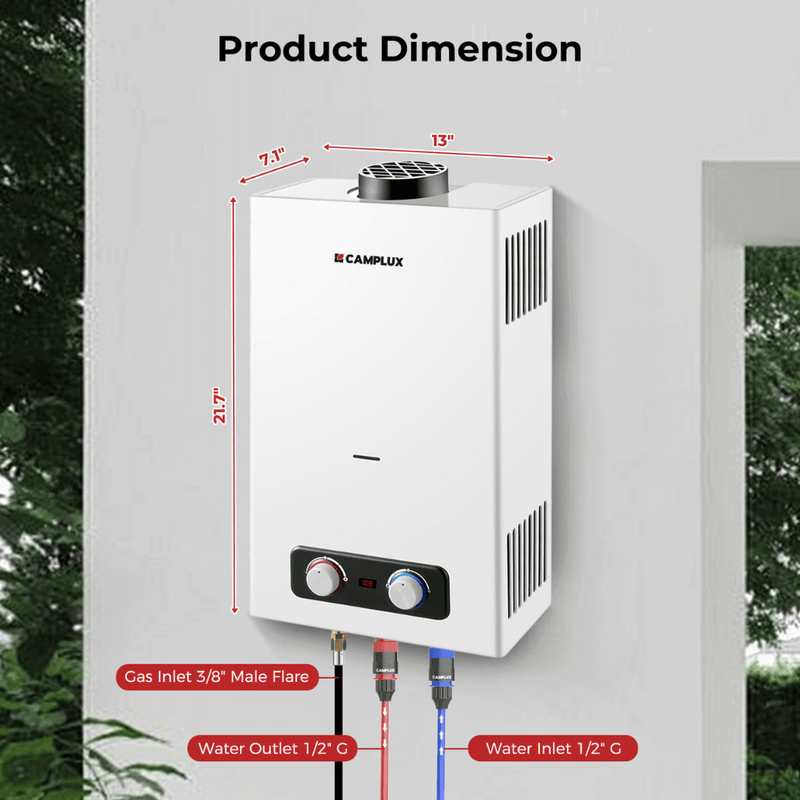 Camplux Tankless Water Heater, Camplux 2.64 GPM Outdoor Propane Water Heater, Gas Water Heater with 3.3 GPM Water Pump & Pipe Strainer for Camping, Cabins