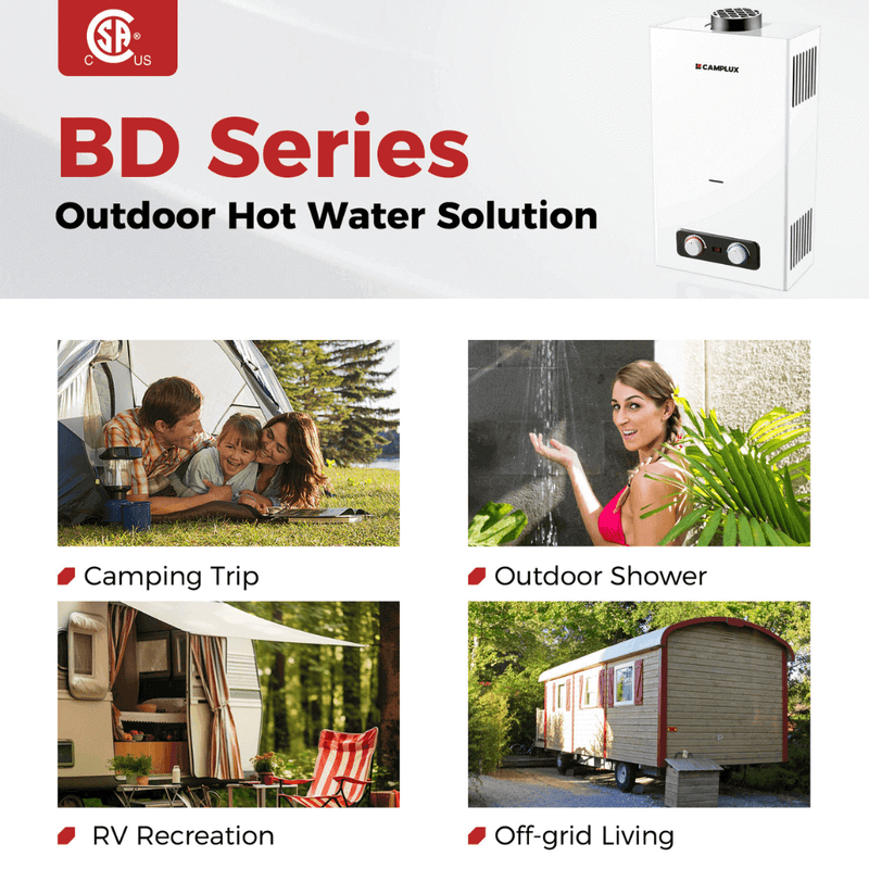 Camplux Tankless Water Heater, Camplux 2.64 GPM Outdoor Propane Water Heater, Gas Water Heater with 3.3 GPM Water Pump & Pipe Strainer for Camping, Cabins