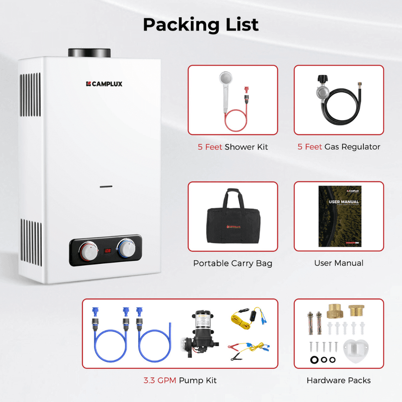 Camplux Tankless Water Heater, Camplux 2.64 GPM Outdoor Propane Water Heater, Gas Water Heater with 3.3 GPM Water Pump & Pipe Strainer for Camping, Cabins