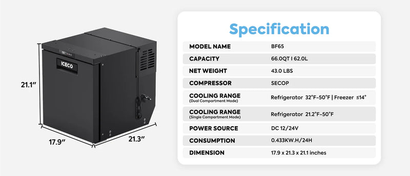 ICECO BF65 RV/Truck Refrigerator/Freezer | 62LT | 66 QT