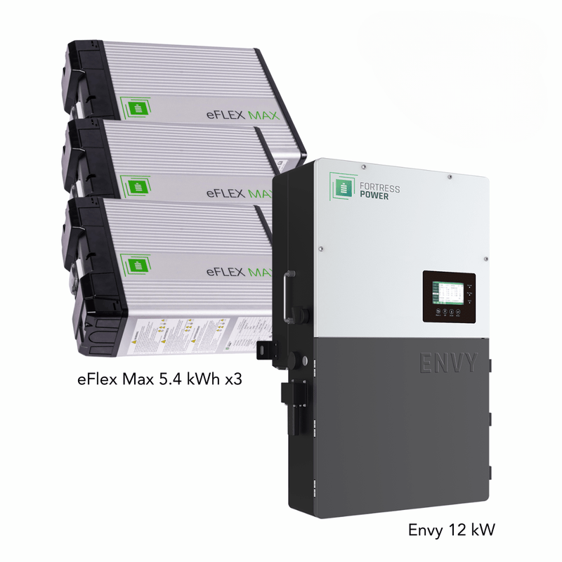 Fortress Power Hybrid Power Kit | 12kW 120/240 Output 48VDC - 16.2kWh System Bundle | Envy12 Hybrid Inverter + 3 x eFlex Max Lithium Battery | Guardian Battery Monitor