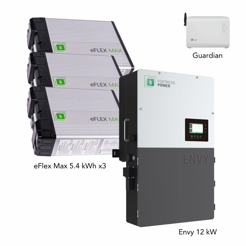 Fortress Power Hybrid Power Kit | 12kW 120/240 Output 48VDC - 16.2kWh System Bundle | Envy12 Hybrid Inverter + 3 x eFlex Max Lithium Battery | Guardian Battery Monitor