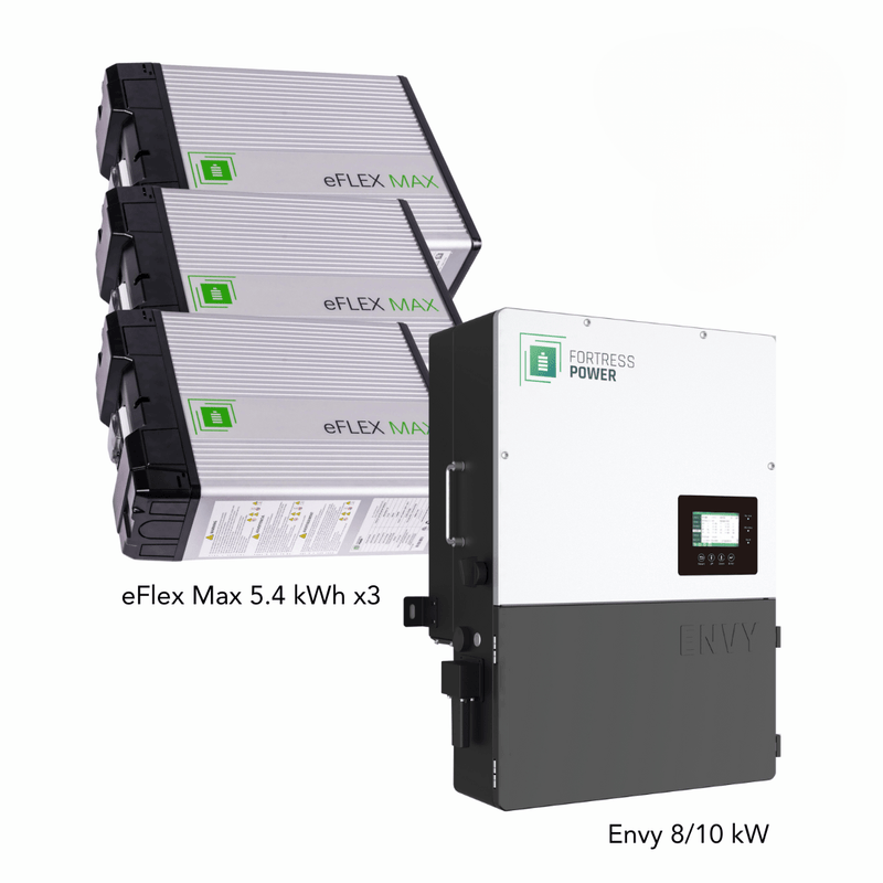 Fortress Power Hybrid Power Kit | 8kW 120/240 Output 48VDC - 16.2kWh System Bundle | Envy8 Hybrid Inverter + 3 x eFlex Max Lithium Battery | Guardian Battery Monitor