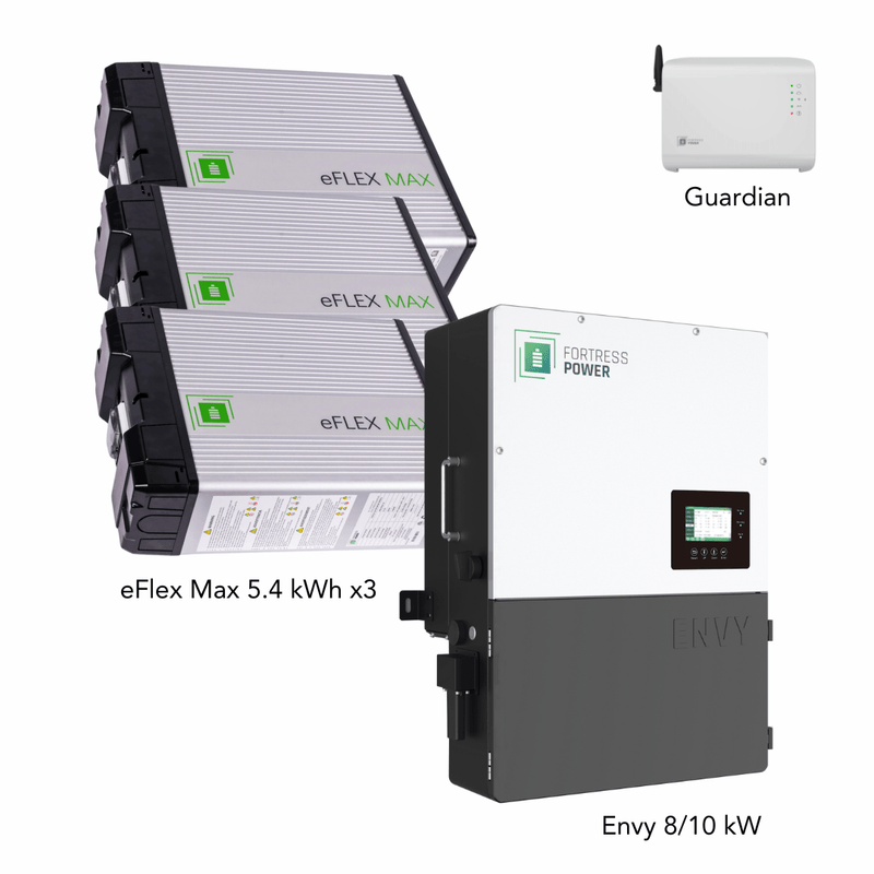 Fortress Power Hybrid Power Kit | 8kW 120/240 Output 48VDC - 16.2kWh System Bundle | Envy8 Hybrid Inverter + 3 x eFlex Max Lithium Battery | Guardian Battery Monitor