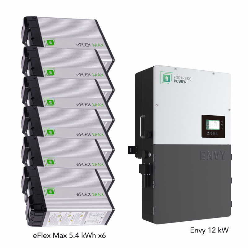 Fortress Power Hybrid Power Kit | 12kW 120/240 Output 48VDC - 32.4kWh System Bundle | Envy12 Hybrid Inverter + 6 x eFlex Max Lithium Battery | Guardian Battery Monitor