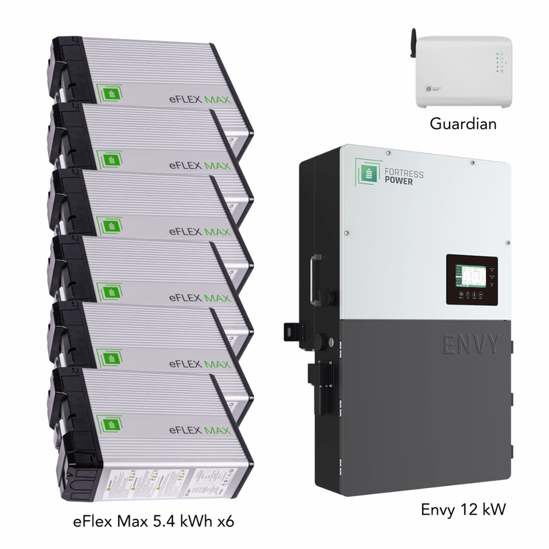 Fortress Power Hybrid Power Kit | 12kW 120/240 Output 48VDC - 32.4kWh System Bundle | Envy12 Hybrid Inverter + 6 x eFlex Max Lithium Battery | Guardian Battery Monitor