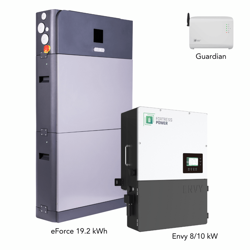 Fortress Power Hybrid Power Kit | 8kW 120/240 Output 48VDC - 19.2kWh System Bundle | Envy8 Hybrid Inverter + eForce 19.2 Stackable Lithium Battery | Guardian Battery Monitor