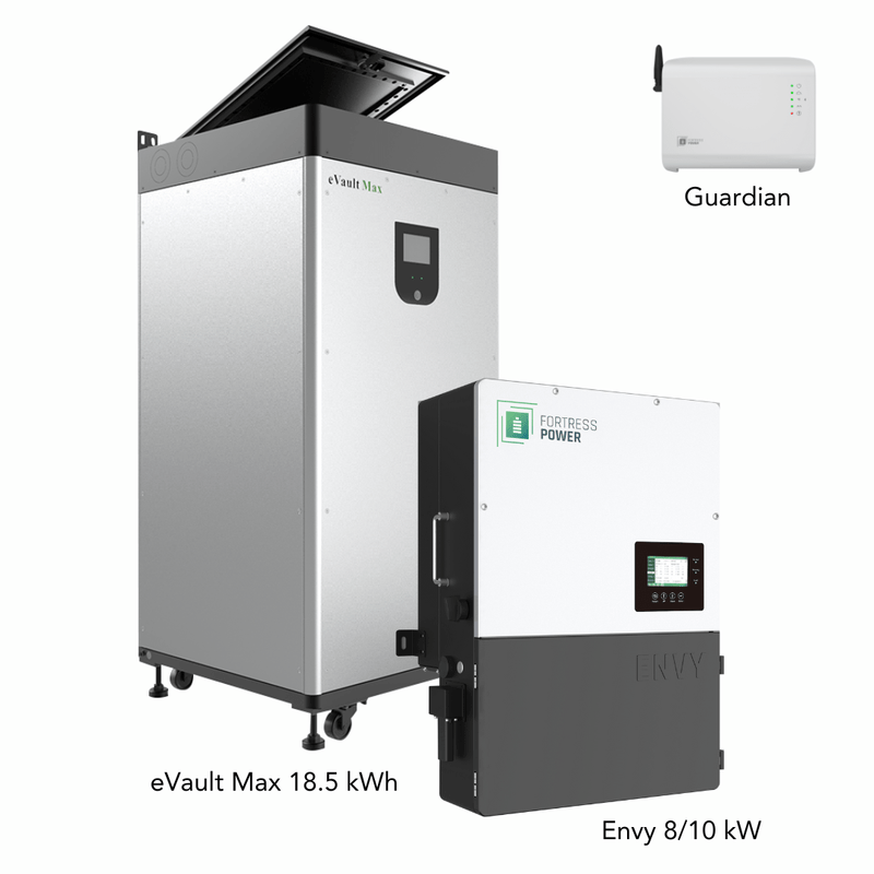 Fortress Power Hybrid Power Kit | 10kW 120/240 Output 48VDC - 18.5kWh System Bundle | Envy10 Hybrid Inverter + eVault Max Lithium Battery | Guardian Battery Monitor
