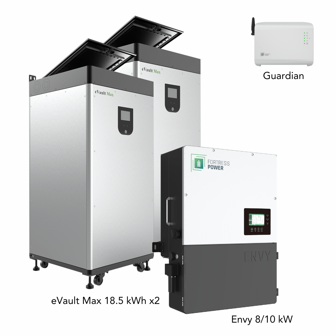 Fortress Power Hybrid Power Kit | 10kW 120/240 Output 48VDC - 37kWh System Bundle | Envy10 Hybrid Inverter + 2 x eVault Max Lithium Battery | Guardian Battery Monitor