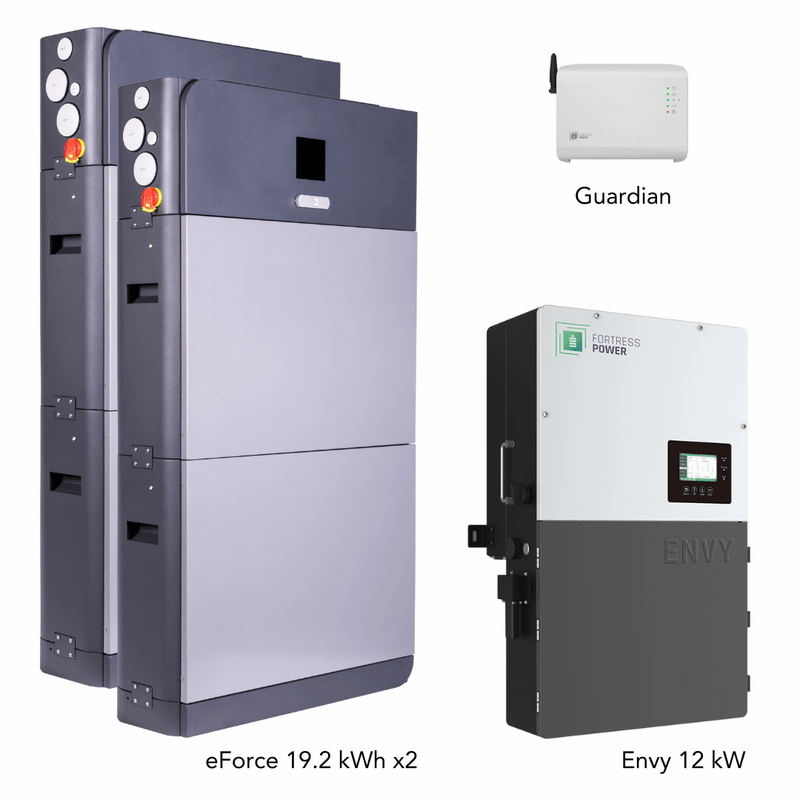 Fortress Power Hybrid Power Kit | 12kW 120/240 Output 48VDC - 38.4kWh System Bundle | Envy12 Hybrid Inverter + 2 x eForce 19.2 Stackable Lithium Battery | Guardian Battery Monitor