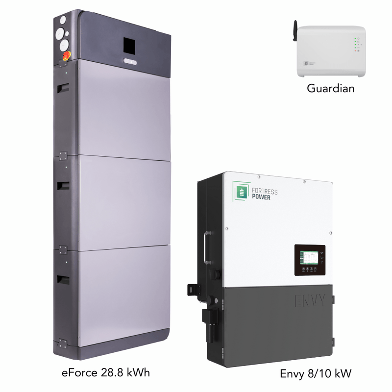 Fortress Power Hybrid Power Kit | 10kW 120/240 Output 48VDC - 28.8kWh System Bundle | Envy10 Hybrid Inverter + eForce 28.8 Stackable Lithium Battery | Guardian Battery Monitor