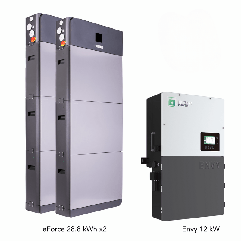 Fortress Power Hybrid Power Kit | 12kW 120/240 Output 48VDC - 57.6kWh System Bundle | Envy12 Hybrid Inverter + 2 x eForce 28.8 Stackable Lithium Battery | Guardian Battery Monitor