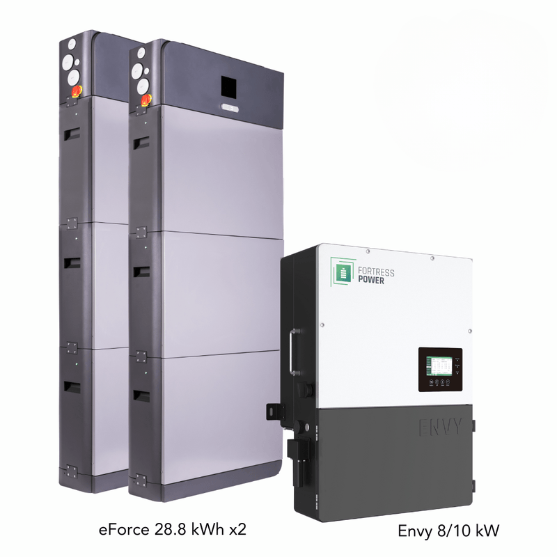 Fortress Power Hybrid Power Kit | 10kW 120/240 Output 48VDC - 57.6kWh System Bundle | Envy10 Hybrid Inverter + 2 x eForce 28.8 Stackable Lithium Battery | Guardian Battery Monitor