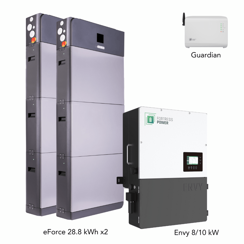 Fortress Power Hybrid Power Kit | 10kW 120/240 Output 48VDC - 57.6kWh System Bundle | Envy10 Hybrid Inverter + 2 x eForce 28.8 Stackable Lithium Battery | Guardian Battery Monitor