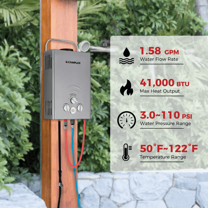Camplux Portable Water Heater, Camplux Tankless Water Heater Propane, 1.58 GPM On Demand Water Heater, Outdoor Gas Water Heater, Gray