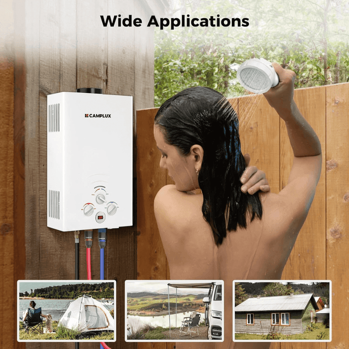 Camplux Portable Water Heater, Camplux Propane Water Heater, 2.11 GPM Tankless Gas Water Heater, On Demand Water Heater, White
