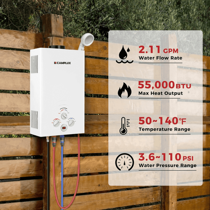 Camplux Portable Water Heater, Camplux Propane Water Heater, 2.11 GPM Tankless Gas Water Heater, On Demand Water Heater, White