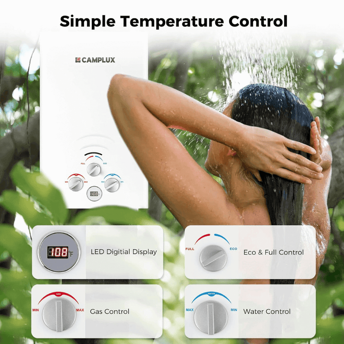 Camplux Portable Water Heater, Camplux Propane Water Heater, 2.11 GPM Tankless Gas Water Heater, On Demand Water Heater, White
