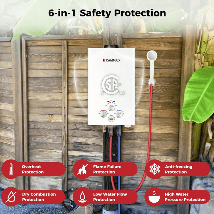 Camplux Portable Water Heater, Camplux Propane Water Heater, 2.11 GPM Tankless Gas Water Heater, On Demand Water Heater, White