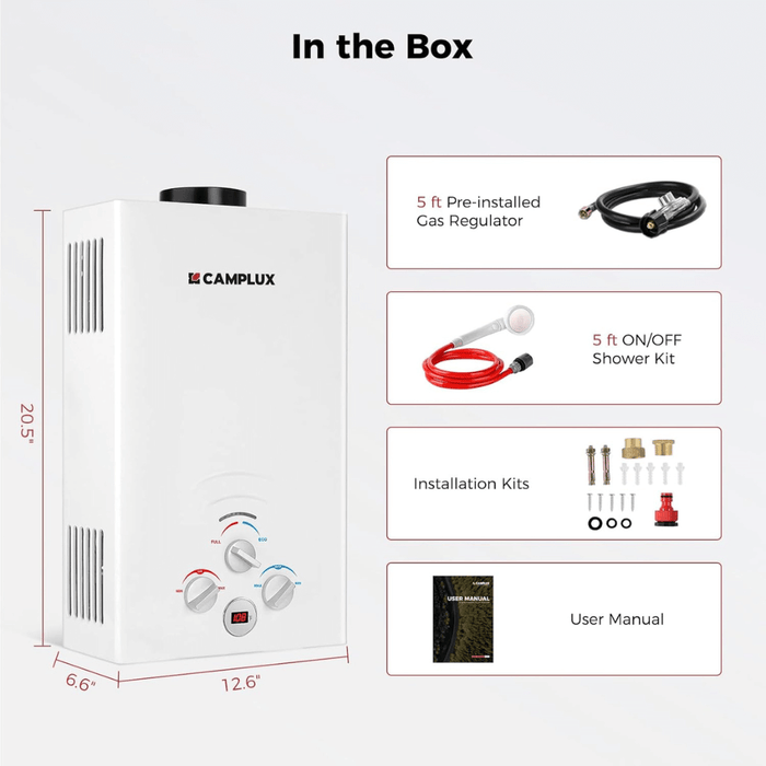 Camplux Portable Water Heater, Camplux Propane Water Heater, 2.11 GPM Tankless Gas Water Heater, On Demand Water Heater, White