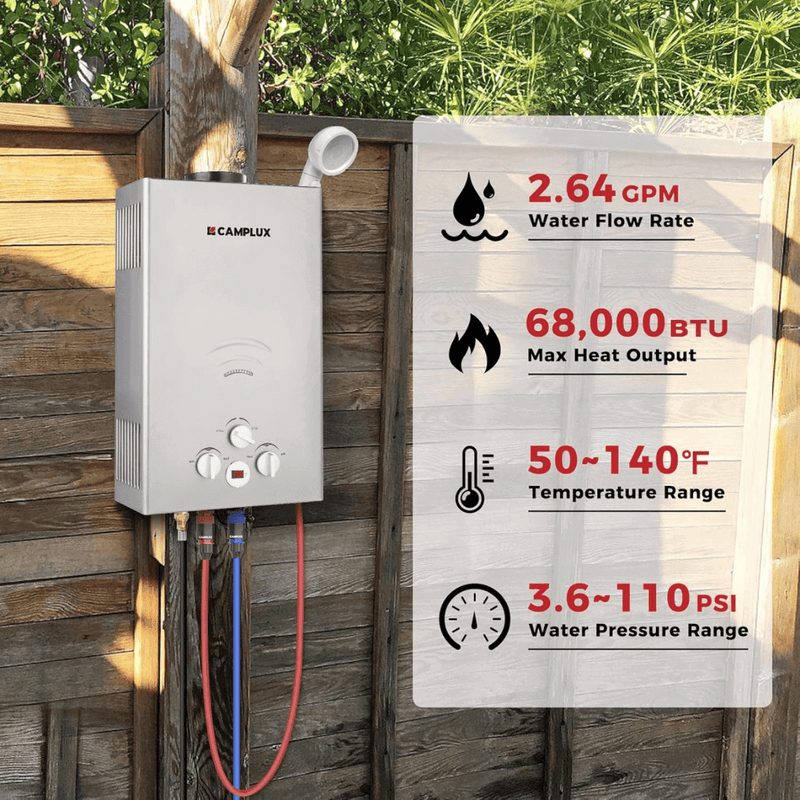 Camplux Portable Propane Tankless Water Heater, Camplux 2.64 GPM On Demand Camping Gas Water Heater, Gray