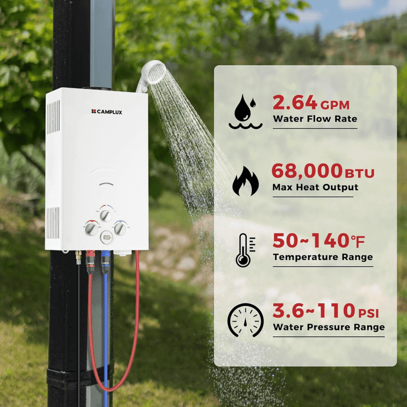 Camplux Propane Portable Tankless Water Heater Outdoor, Camplux 2.64 GPM Instant Hot Camping Showers with 3.3 GPM Water Pump & Pipe Strainer