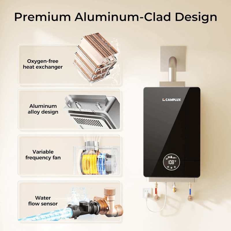 Camplux 3.18 GPM Indoor Tankless Water Heater Propane with Wall Thimble, Black