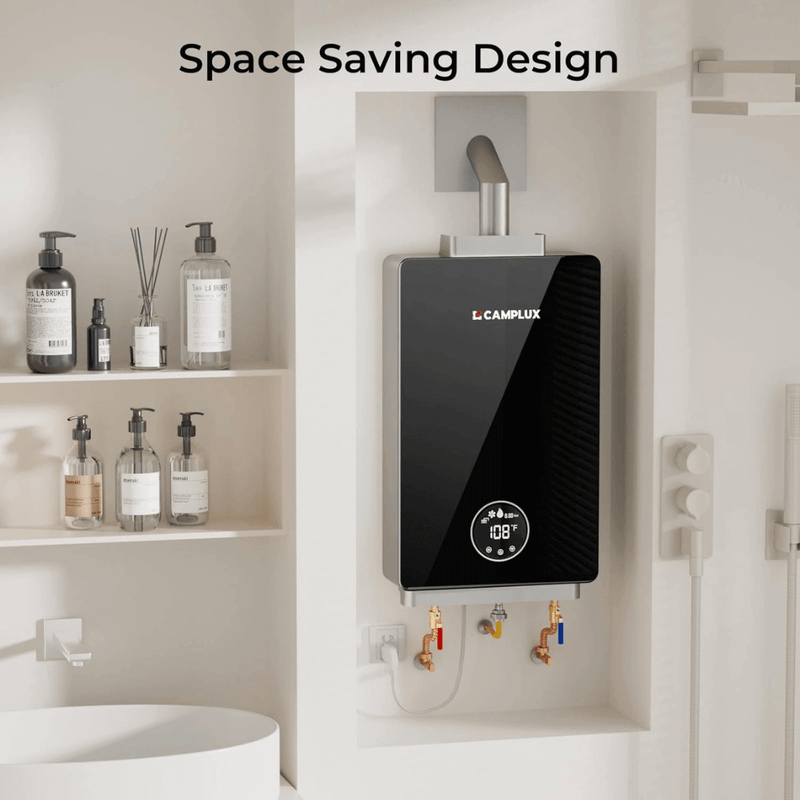 Camplux 3.18 GPM Indoor Tankless Water Heater Propane with Wall Thimble, Black