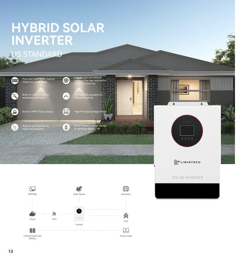 LINIOTECH 6500W Off-Grid Inverter | 9000W PV Input | 6500W Output | 300V VOC Input | 48V 120 Single Phase | All-In-One Solar Inverter