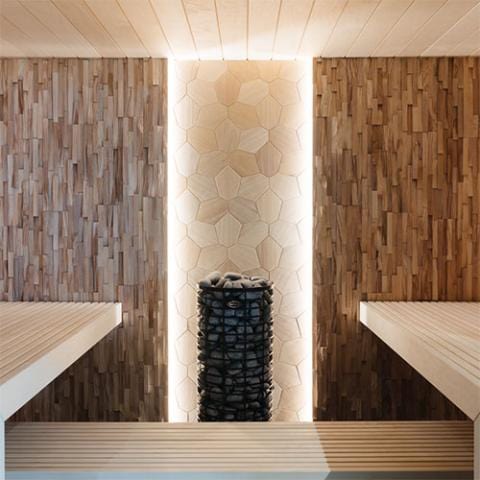 EmotionWood Hexagon Decorative Sauna Wall Panel | Abachi | 16.14" x 16.14"