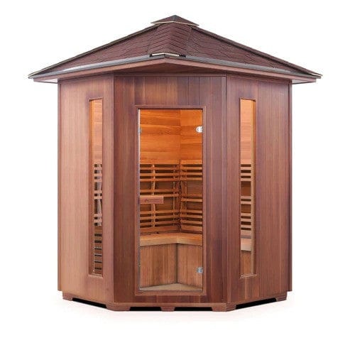 Enlighten SaunaTerra SunRise 4 Corner Peak Roof Dry Traditional Outdoor Sauna | 4 Persons