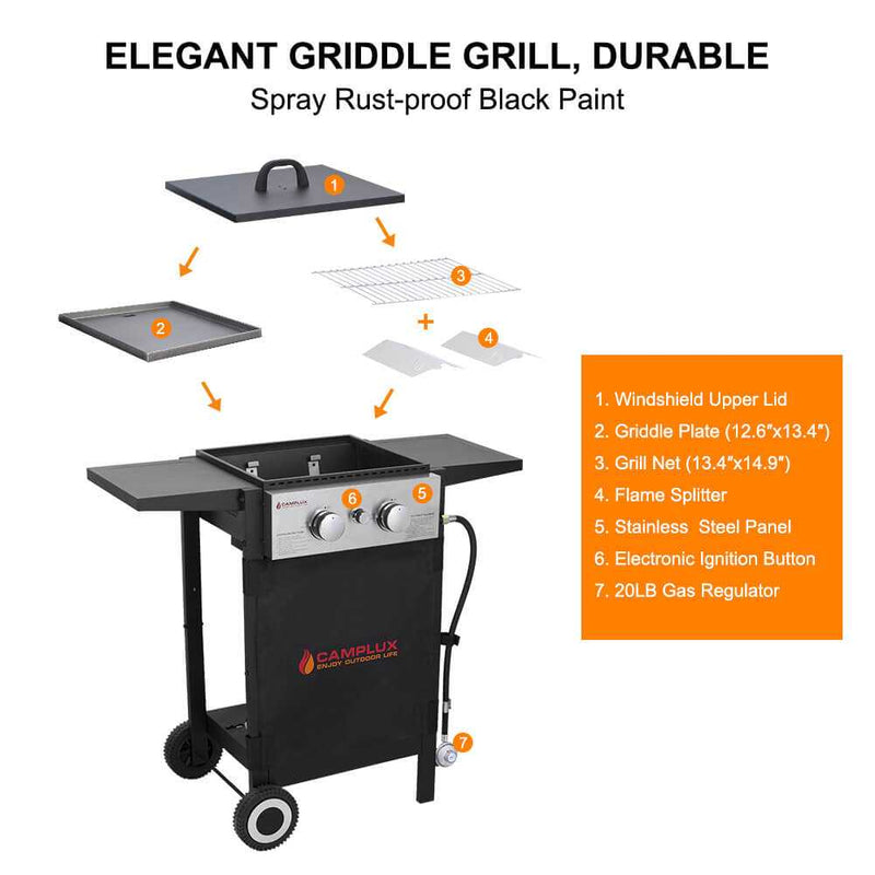 Camplux Outdoor Gas Griddle Grill Combo 2 Burner with Lid, Camping and Tailgating 22, 000 BTU - Black