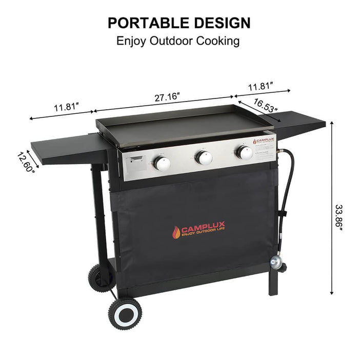Camplux Outdoor Gas Griddle Grill Combo 3 Burner, Camping and Tailgating 33,000 BTU w/ 20 LB LP Connector