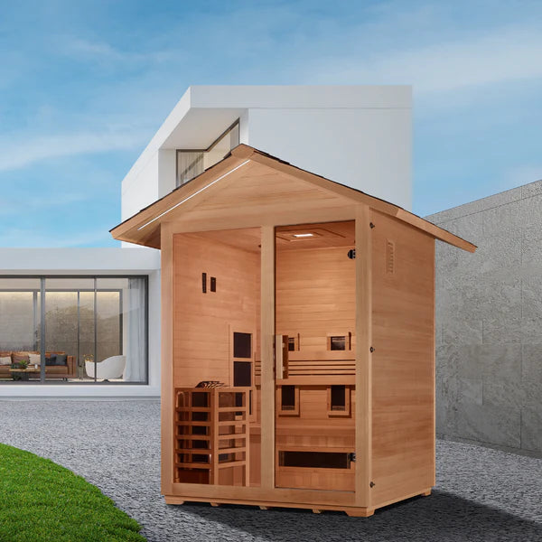 Golden Designs Carinthia Hybrid (PureTech™ Full Spectrum IR or Traditional Stove) Outdoor Sauna – Canadian Hemlock | GDI-8123-01 Carinthia | 3 Persons