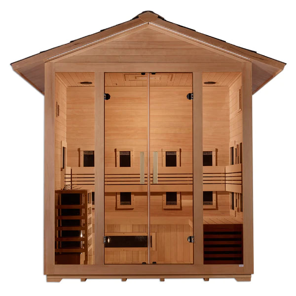 Golden Designs Gargellen Hybrid (PureTech™ Full Spectrum IR or Traditional Stove) Outdoor Sauna – Canadian Hemlock | GDI-8125-01 Gargellen | 5 Persons