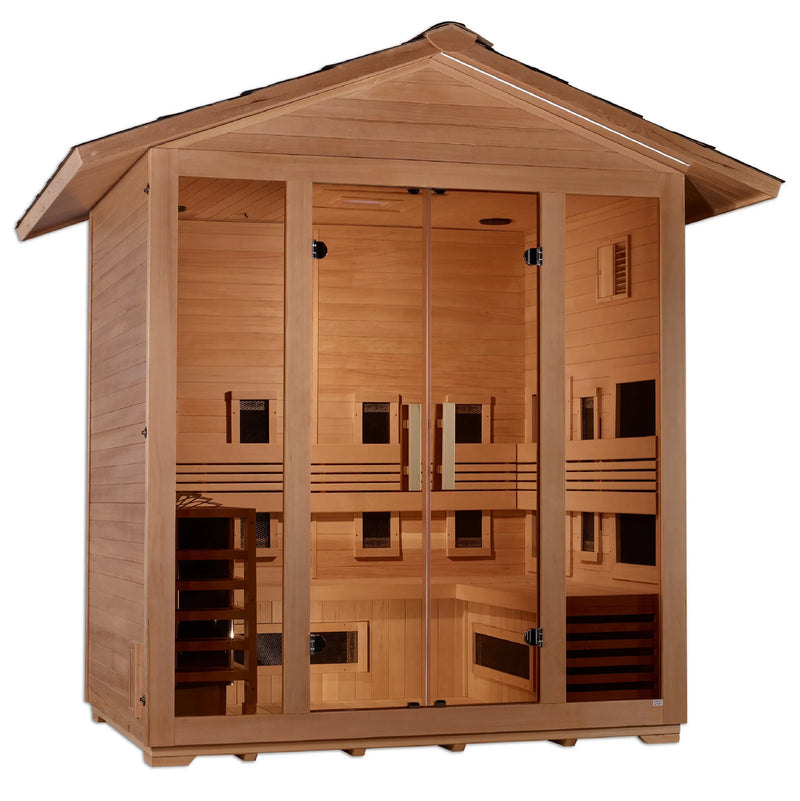 Golden Designs Gargellen Hybrid (PureTech™ Full Spectrum IR or Traditional Stove) Outdoor Sauna – Canadian Hemlock | GDI-8125-01 Gargellen | 5 Persons