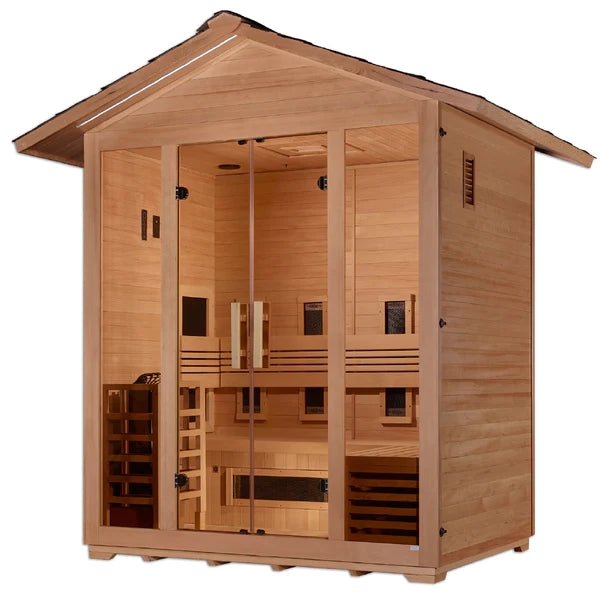 Golden Designs Gargellen Hybrid (PureTech™ Full Spectrum IR or Traditional Stove) Outdoor Sauna – Canadian Hemlock | GDI-8125-01 Gargellen | 5 Persons